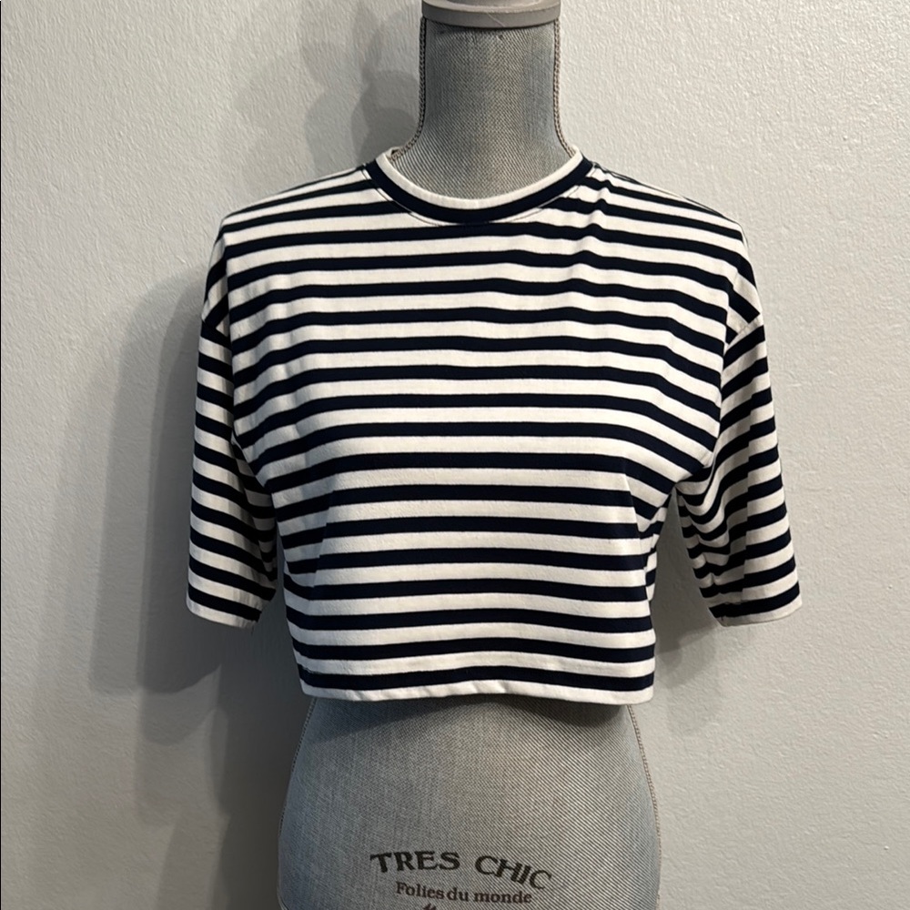 The Frankie Shop Karina Cropped Cotton T-Shirt Navy/Off White Size XS/S NWT